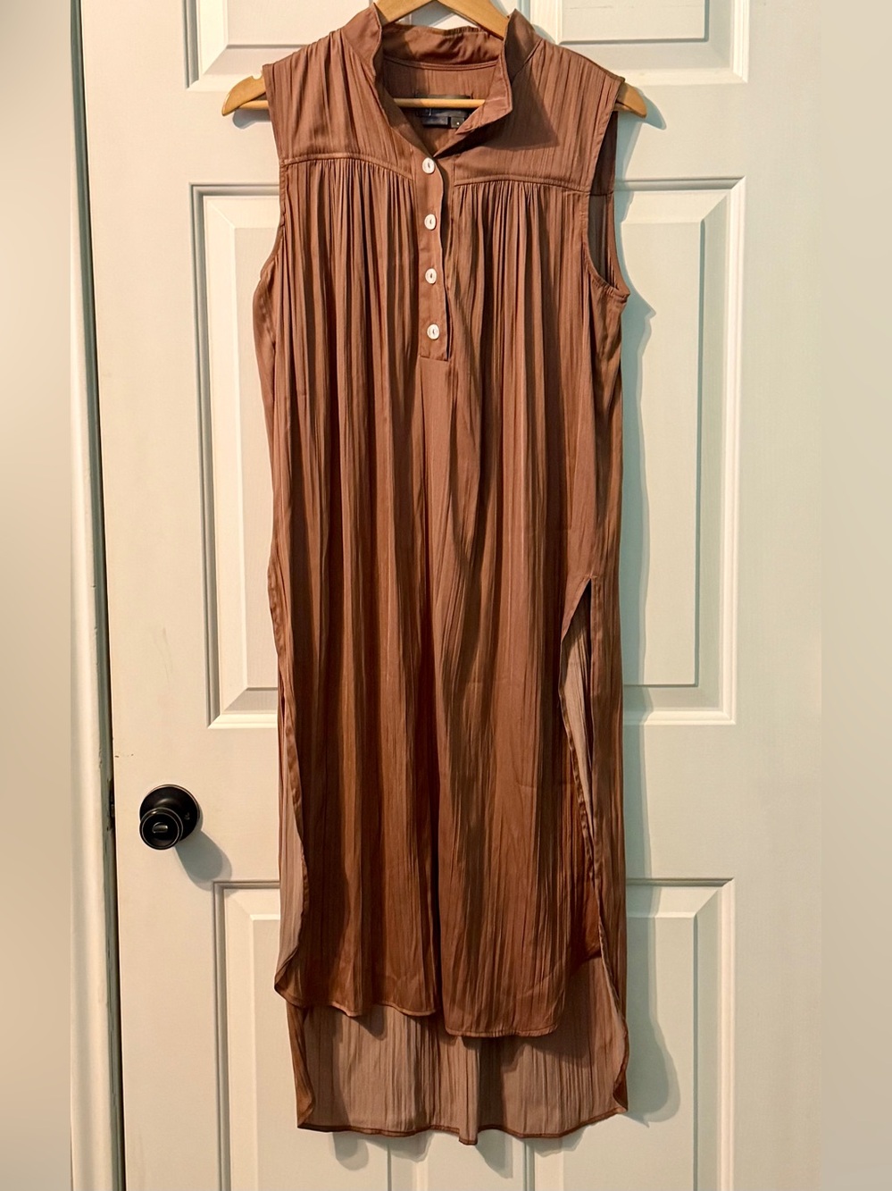 By Anthropologie Brown Pleated Silky Midi Maxi Dress Side Slit M